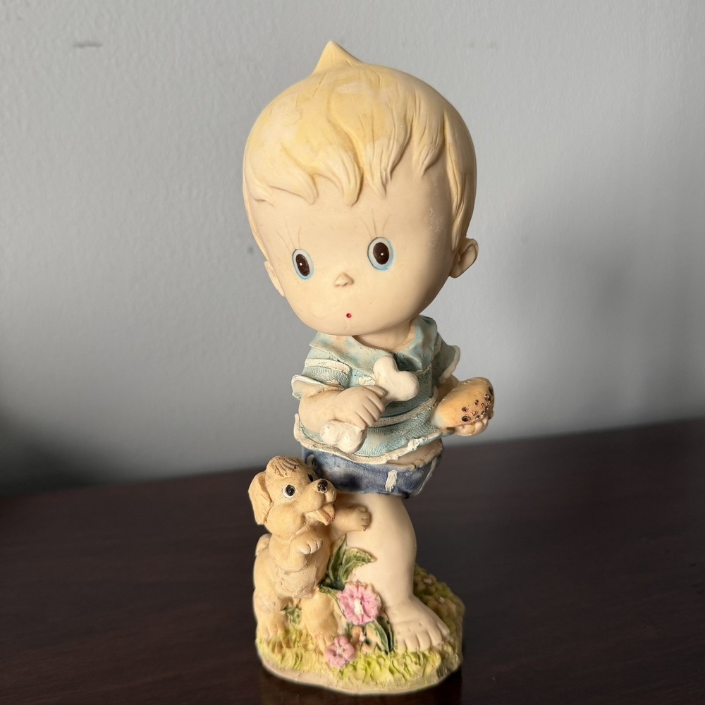 Vintage Porcelain Figurine – Boy And Dog With Bone And Flowers